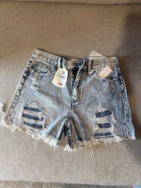 High-Rise Distressed Light Blue Denim Shorts